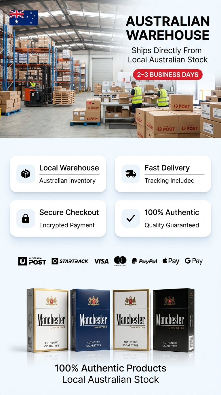 Australian warehouse, local stock, fast delivery and authentic Manchester cigarettes.